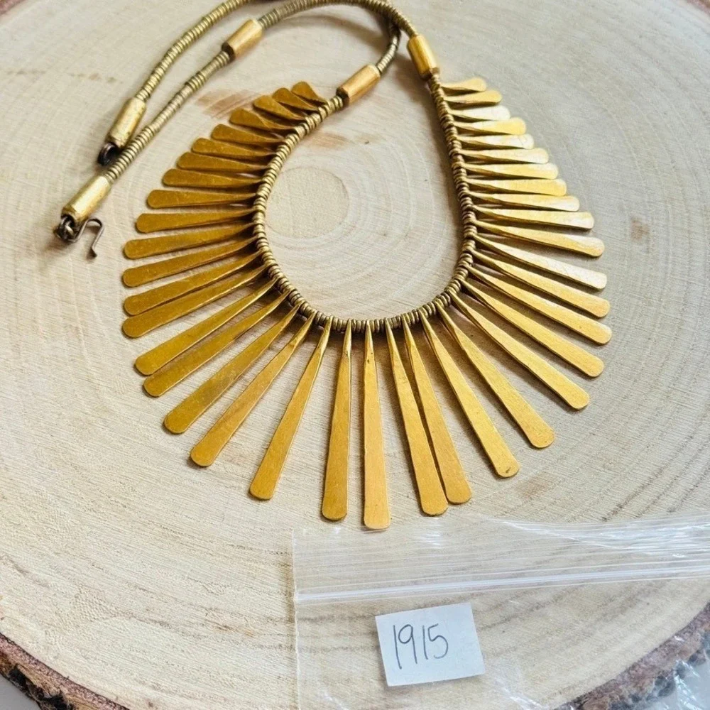 VTG‎ Regal Collar Textured necklace Egyptian Style Runway Statement Brass chunky
